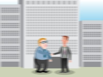 A cartoon depiction of two businessmen in front of a building. The cartoon is intentionally blurred to represent the importance of focus when dealing with customer service.