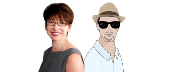 A picture of Inna Geller (of Geller Translation Solutions) giving an interview with Zachary Overline (of CSOFT) on translation risk management.