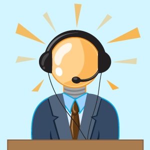 A cartoon depiction of a customer service representative with a glowing light bulb as the head, to signify innovation in customer service.